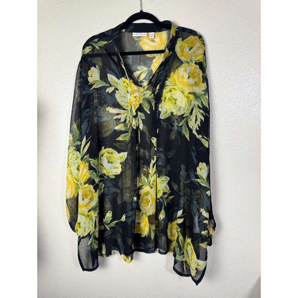 Susan Graver Sheer Floral Blouse Yellow Black Lightweight Long Sleeve Size 3XL